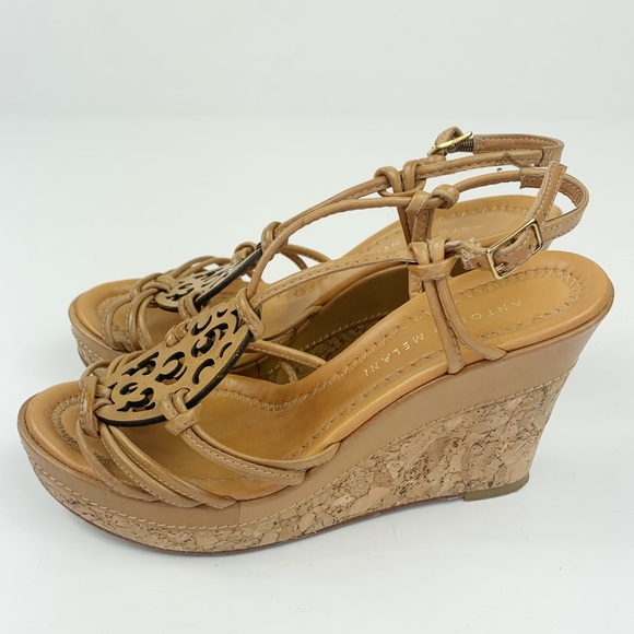 Antonio Melani Cork Wedge Sandals Tan Wooden Cut-Out - Picture 8 of 8